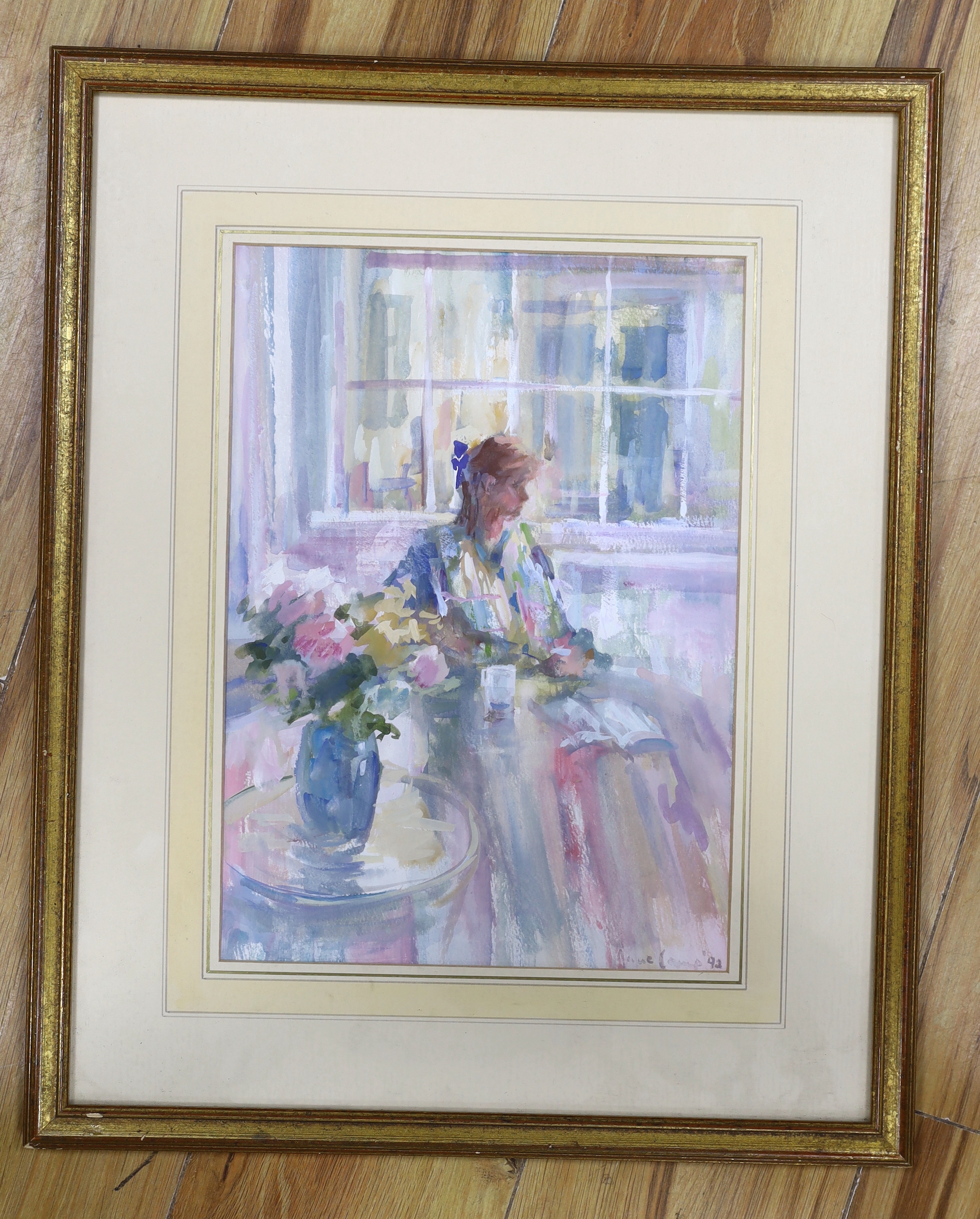 Jane Camp, watercolour, Interior with seated woman, signed and dated '93, 35 x 25cm